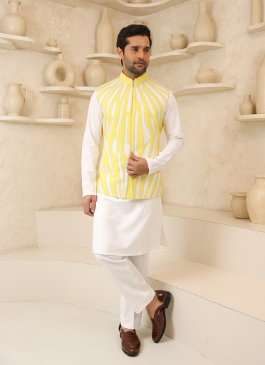 Lycra Yellow Nehru Jacket Set