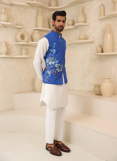 Lycra Blue Nehru Jacket Set