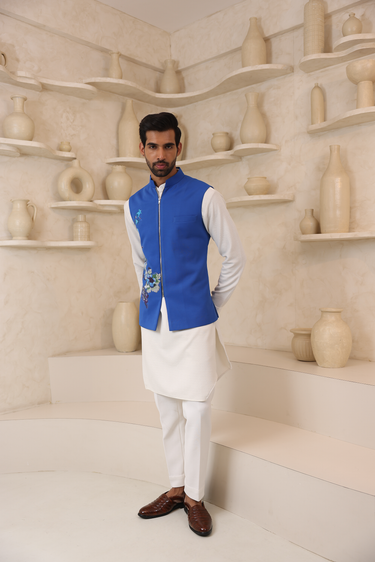 Lycra Blue Nehru Jacket Set