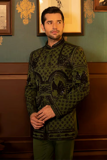 Lycra Olive Bandhgala Set