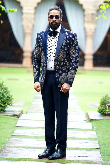 Navy Blue Silver Leaf Motif Tuxedo