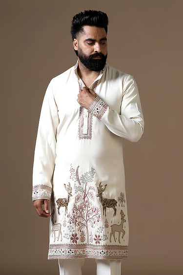 Lycra Pearl Ivory Aari Work Kurta Set