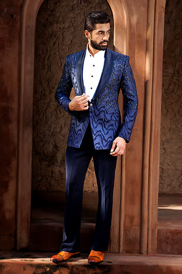Blue Wave Patterned Lapel Tuxedo