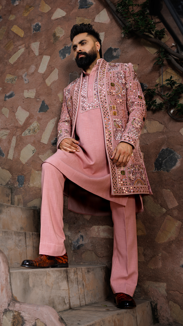 Pink Lycra Mirrors, Embroidery Handcrafted Jacket Kurta Set