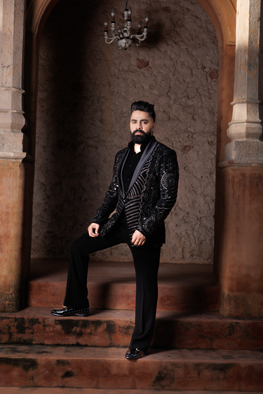 Black Lycra Sequins, Beads, Embroidery Tuxedo And Pant Set