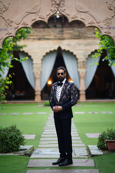 Navy Blue Silver Leaf Motif Tuxedo
