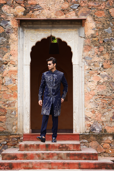 Navy Asymmetric Botanical Indo-Western Set