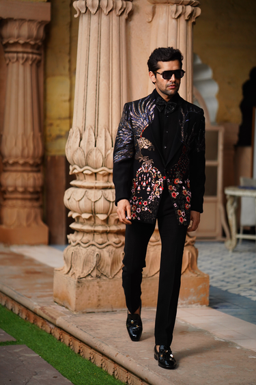 Black Iridescent Eagle Motif Embroidered Tuxedo