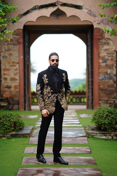 Black Cotton, Lycra Embroidery Resham Work Blazer Set