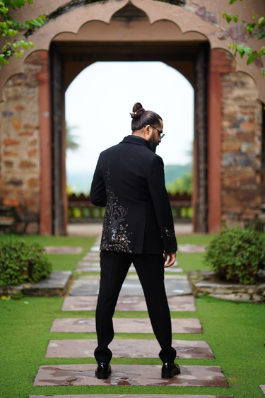 Black Cotton, Lycra Embroidery, Cut Work, Pearls Cutdana Blazer Set