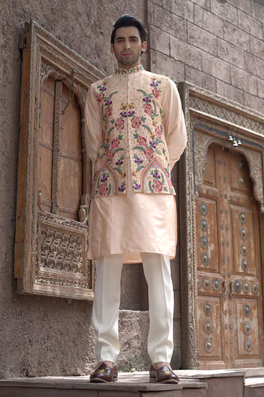 Raw Silk Peach Embroidery Bundi Set
