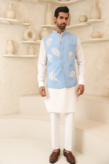 Lycra Sky Blue Nehru Jacket Set
