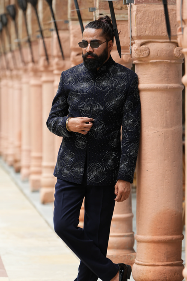 Navy Blue Floral Bandhgala Set