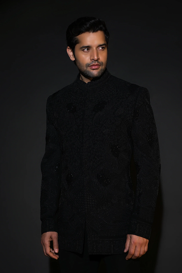Lycra Black Beaded Bandhgala