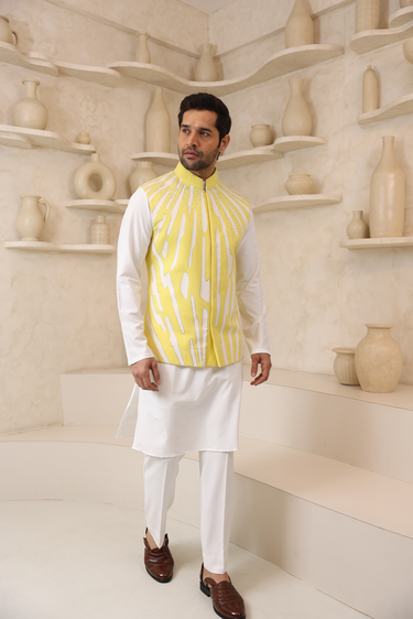 Lycra Yellow Nehru Jacket Set