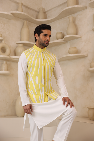 Lycra Yellow Nehru Jacket Set