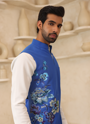 Lycra Blue Nehru Jacket Set