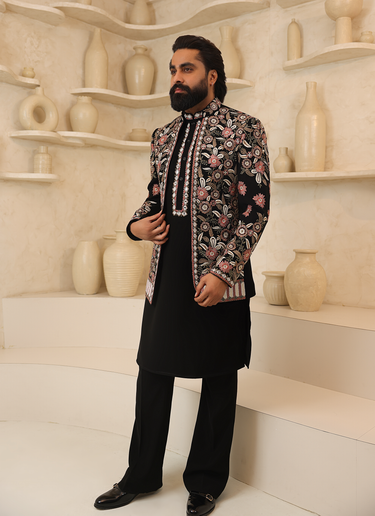 Lycra Black Mirrorwork Open Jacket Set