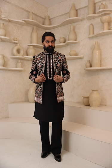 Lycra Black Mirrorwork Open Jacket Set