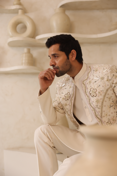 Lycra Ivory Embroidery Open Jacket Set