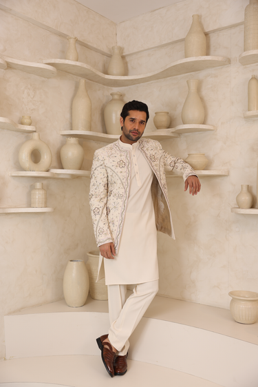 Lycra Ivory Embroidery Open Jacket Set