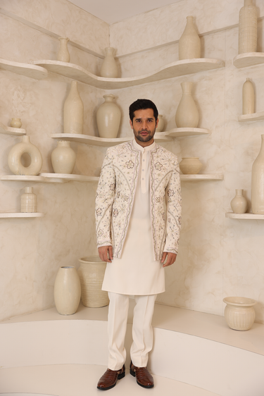 Lycra Ivory Embroidery Open Jacket Set