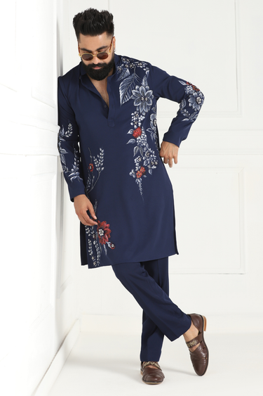 Lycra Royal Blue Hand Printed Kurta Set
