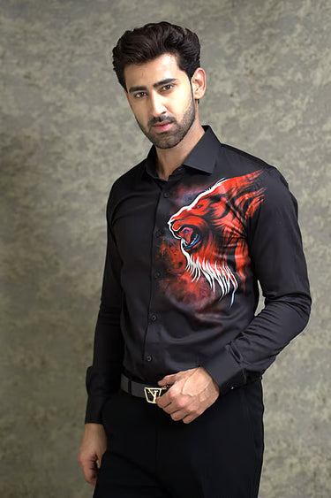 Lycra Red Lion Handprinted Shirt