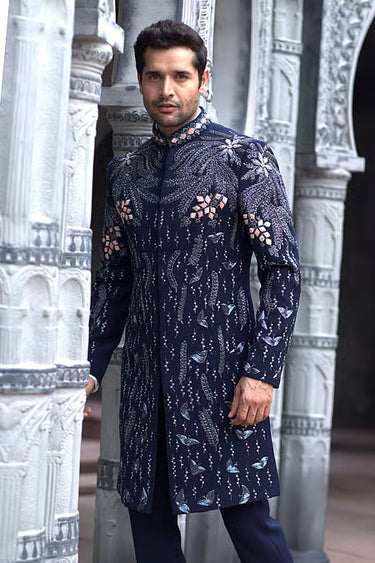 Lycra Midnight Blue Sequin Indo-Western