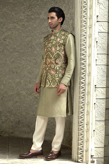 Raw Silk Sage Embroidery Bundi Set