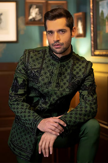 Lycra Olive Bandhgala Set