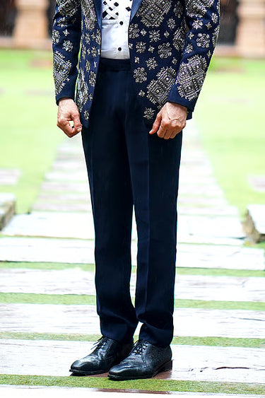 Navy Blue Silver Leaf Motif Tuxedo
