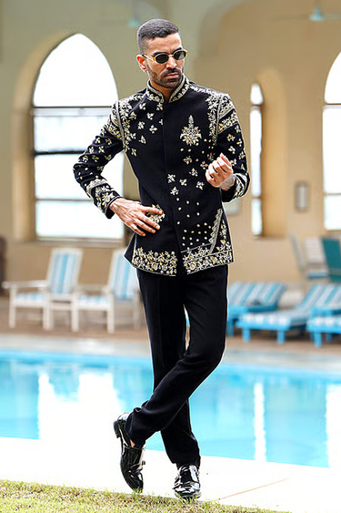 Black Gold & White Floral Embroidered Bandhgala
