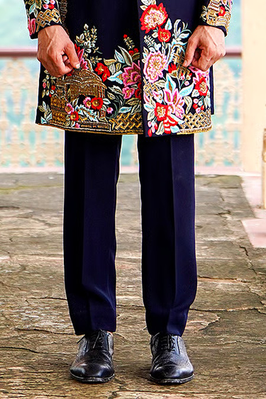 Luxe Navy Blue Multicolor Floral & Gold Indo-Western