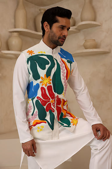Lycra Floral Nehru Jacket Set