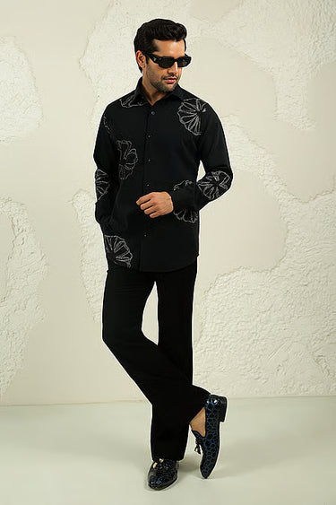 Black Lycra Handpainted Shirt And Trouser