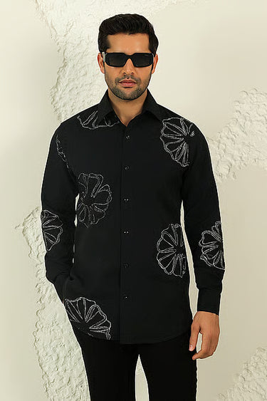 Black Lycra Handpainted Shirt And Trouser