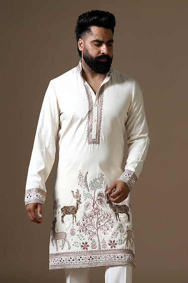 Lycra Pearl Ivory Aari Work Kurta Set