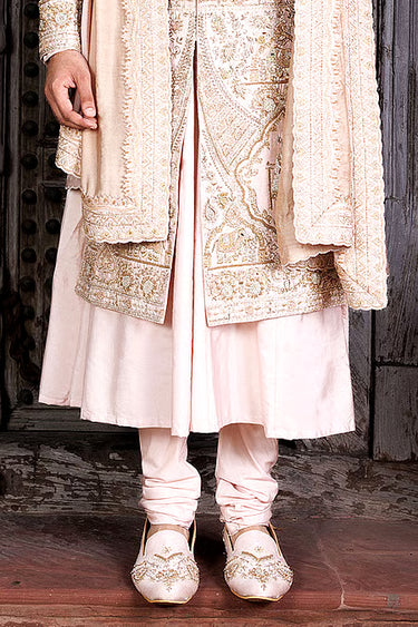 Peach Raw Silk Sherwani Set