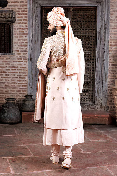 Peach Raw Silk Sherwani Set