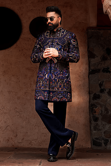 Blue Lycra Embroidery Floral  Indo-Western Set