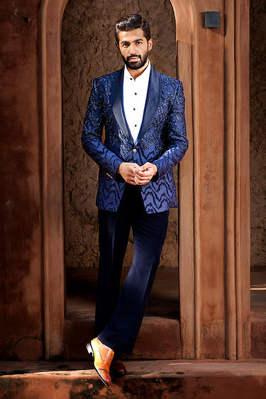 Blue Wave Patterned Lapel Tuxedo