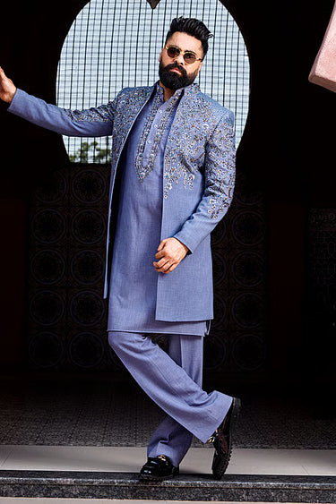 Lycra Powder Blue Dabka & Sequins Kurta Set