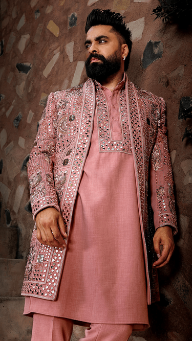 Pink Lycra Mirrors, Embroidery Handcrafted Jacket Kurta Set