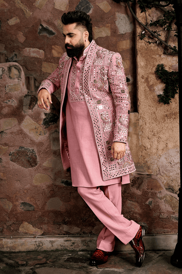 Pink Lycra Mirrors, Embroidery Handcrafted Jacket Kurta Set