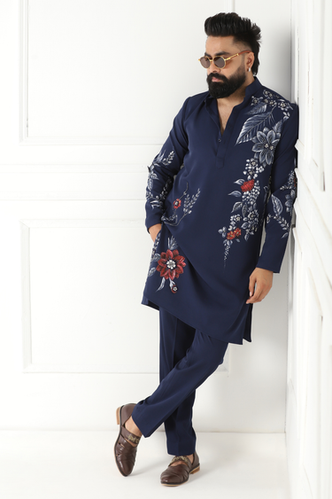 Lycra Royal Blue Hand Printed Kurta Set