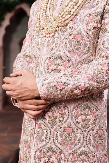 Rose Gold Silk Embroidery, Beads peach Handcrafted Sherwani SET