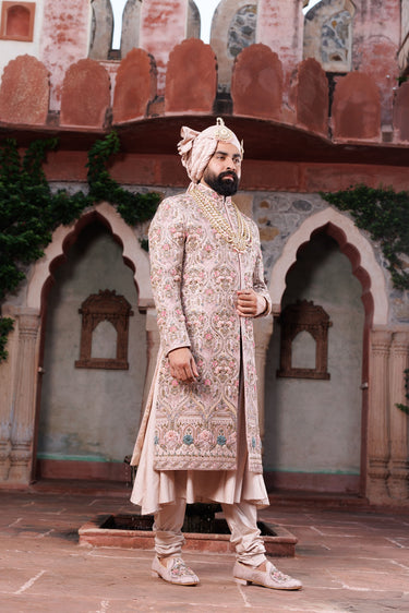 Rose Gold Silk Embroidery, Beads peach Handcrafted Sherwani SET