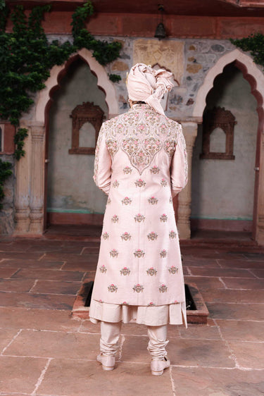 Rose Gold Silk Embroidery, Beads peach Handcrafted Sherwani SET