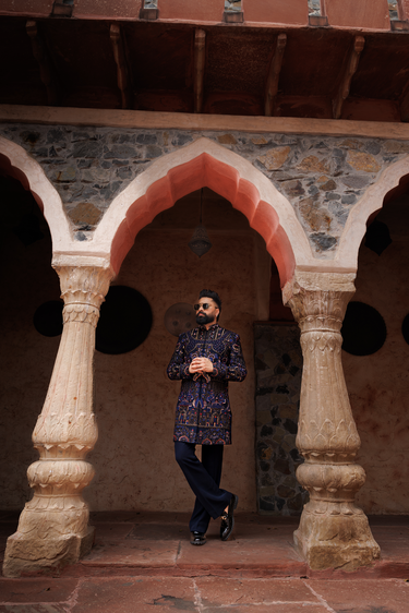 Blue Lycra Embroidery Floral  Indo-Western Set